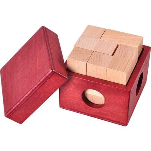 IQ Wooden Soma Cube Red Wooden Box with Cube Puzzle Logic Brain Teaser Wood Game Toys 3D Puzzles for Teens Adults Children Gifts