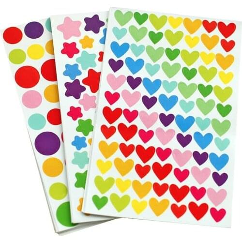 6 Sheets Colorful Decorative Colored Dots Heart Stars Adhesive Sticker Tape Kids Craft Scrapbooking
