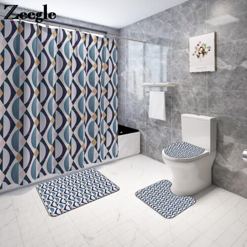 Geometric Pattern Bath Mat and Shower Room Curtain Set Waterproof Toilet Floor Mat Microfiber Bathroom Carpet Rugs