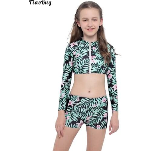 TiaoBug Summer Kids Girls 2Pcs Swimsuits Long Sleeves Floral Printed Zipper Front Top With Boyshorts Bottoms Beach Swimwear
