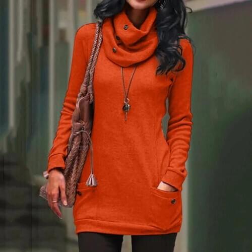 Fashion Buttons Warm Tunic Turtleneck Casual Winter Ladies Bottom Tops Female Women Long Sleeve Shirt Pullover