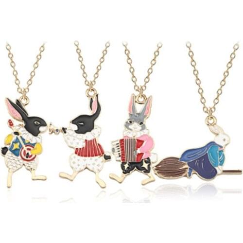 Trendy Alice In Wonderland Necklace Music Band Guitar Trumpet Accordion Broom Rabbit Pendant Enamel Animal Choker Jewelry