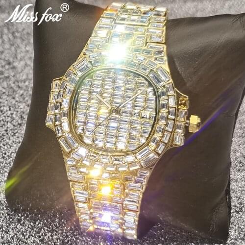 Top Hip Hop MISSFOX Mens Watches Baguette AAA Diamond Luxury Iced Out Full Steel Quartz Luminous Gold Bling Male Jewelry Clocks