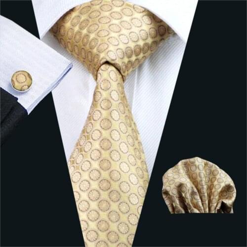 FA-486 Mens Tie Yellow Dot Silk Jacquard Classic Tie Hanky Cufflinks Set Ties For Men Business Wedding Party Free Shipping