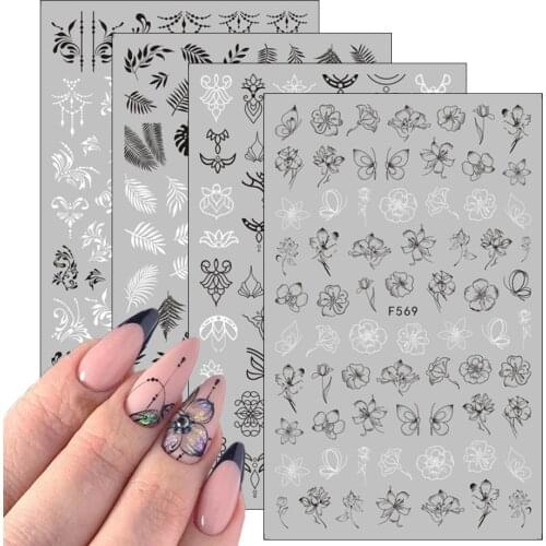 1pcs Black White Letter Stickers For Nails Flower Leaf Linear Transfer Decals Slider 3D Nail Art Decorations Wraps SAF564-573-1