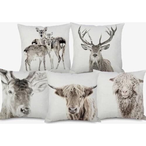 European Retro Style Animals Poster Cushion Cover Farm Stag Highland Cow Fox Print Decorative Pillow Case