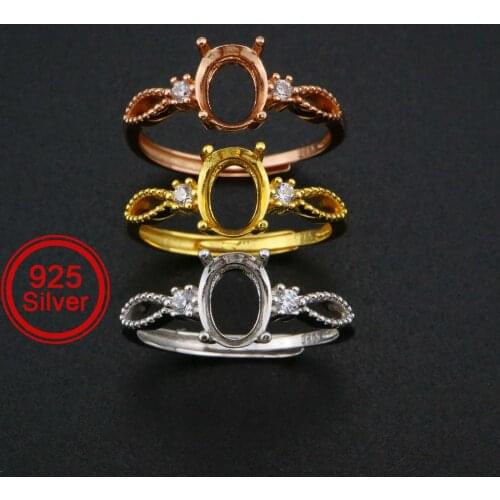 Oval Prong Ring Settings Three Stone Antiqued Style Solid 925 Sterling Silver Rose Gold Plated DIY Adjustable Ring Bezel 1224069