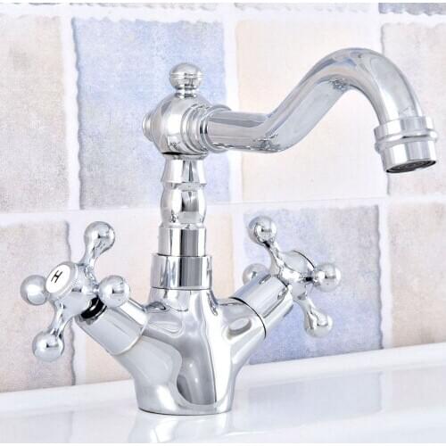 Polished Chrome Brass Bathroom Kitchen Basin Sink Faucet Mixer Tap Swivel Spout Dual Cross Handles One Hole Deck Mounted msf659