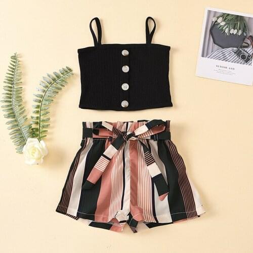 Girls Casual Clothing Sets New Fashion Kids Black Tank Tops And Stripe Shorts Outfits 2Pcs Children Wholesale Clothes For 2-6Y