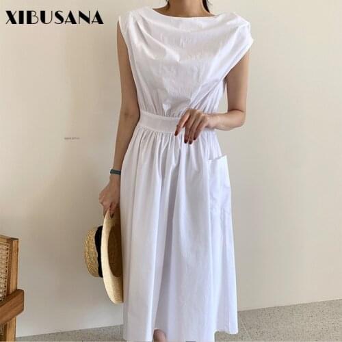 Chic Stylish O-neck Sleeveless Mid-length White Women Dress Casual Loose Pockets Elastic Waist A-line Dress 2021 Female Vetidos