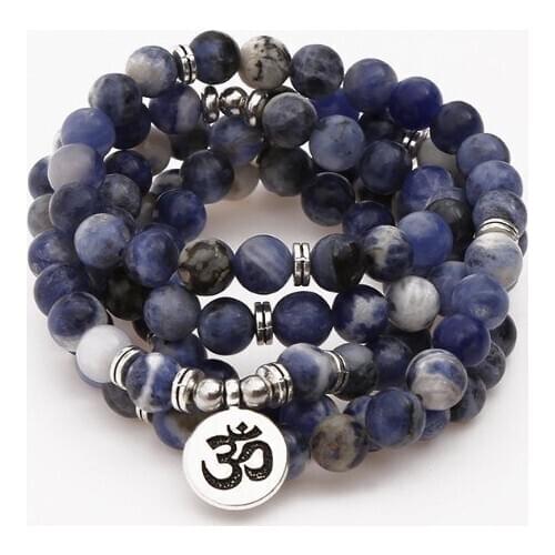 Blue 108 beads 8mm elastic adjustable Lotus life tree Buddha OM eye Chakra Reiki agate Onyx Yoga Bracelet necklace hjg3