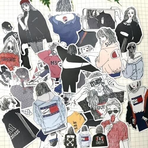 32PCS INS wind girl character stickers Fashion wear lady sisters Hand account material handbook sticker album DIY