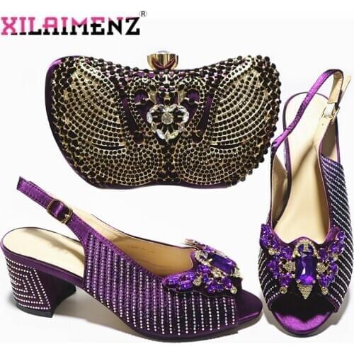 Leisure Style Decorate with Rhinestong New Arrivals Nigerian Women Shoes Matching Bag in Purple Color for Wedding Dress