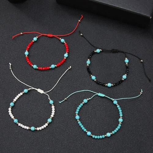 Bohemian Green Natural Stone Charm Bracelet for Women Adjustable Weaving Red Lucky Anklets Bangles Gift