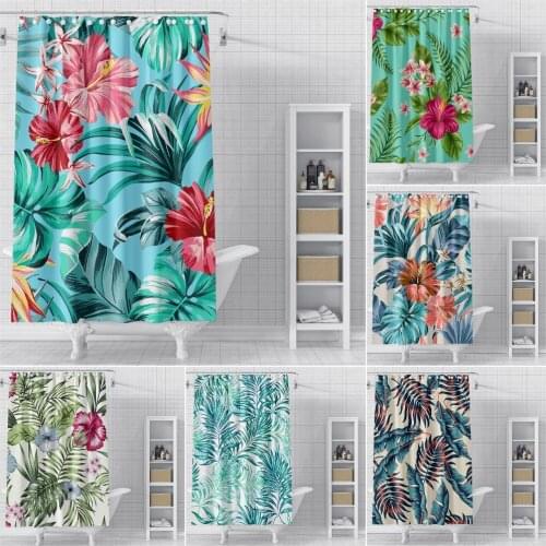 Tropical Plant Leaves Shower Curtain Floral Print Bathroom Curtain Waterproof Mildew Proof Shower Curtains Polyester With Hooks