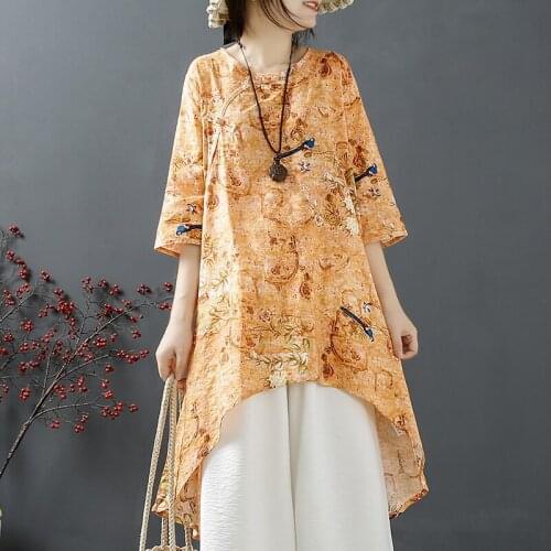 2021 Women T shirt Printed Cotton Half Seeve Summer O neck Vintage Irregular Fashion Women Long Tops YoYiKamomo