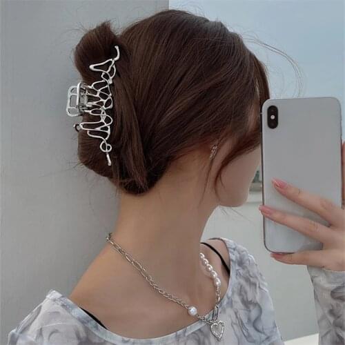 AOMU 2021 Fashion Simple Silver Color Metal Rectangle Hair Claw Irregular Geometric Hollow Big Hairpins for Women Jewelry Gifts