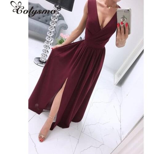 Colysmo See Through Mesh Dress Hollow out Side Split V Neck Sleeveless High Waist Long Dress Party Summer Dress for Women 2021