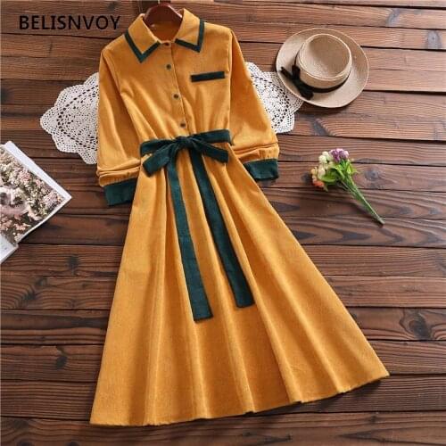Women Vintage Belted Dresses Turn-down Collar Patchwork Office Lady Midi Pocket Dresses Chic Elegant Party Swing Vestidos