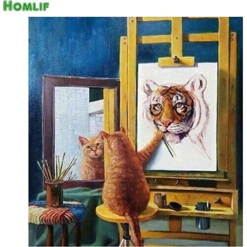 100% Full 5D Diy Daimond Painting The Cat Paints Itself 3D Diamond Painting Full Round Rhinestones Diamant Embroidery Decor