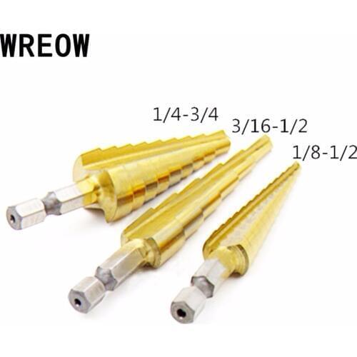 3pcs HSS Metric Step Drill Bit Set Hole Cutter Tool 3/16-1/2 1/4-3/4 1/8-1/2 Titanium Hex Shank Woodworking Core Drill Bit
