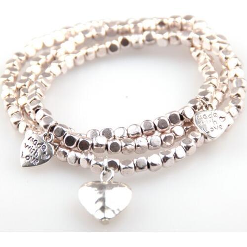 Free shipping fashion metal square bead 3 lay bracelet with heart, made with letter charm alloy beads lady stretch bracelet