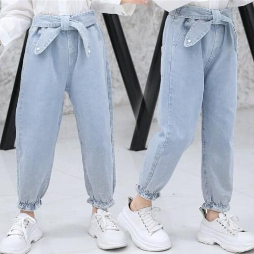 Big Kids Jeans for Girls Bow Pearl Waistband Jeans Spring Teenagers Kids Casual Trousers 4 To 14 Years Girls Loose Denim Pants