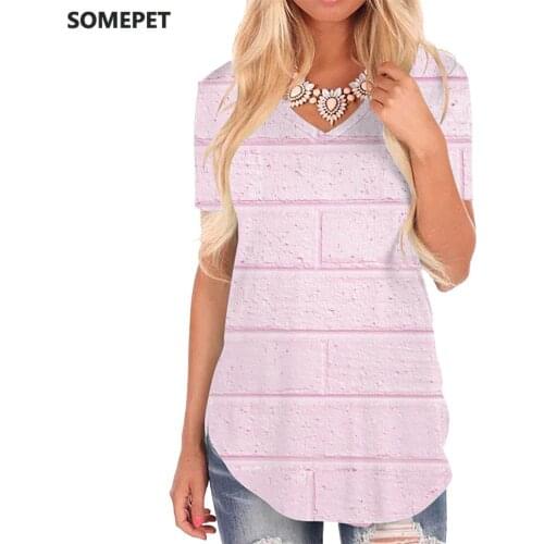 SOMEPET Harajuku T Shirt Women Pink Shirt Print Pattern Funny T shirts Wall V-neck Tshirt Womens Clothing Summer Cool Plus Size