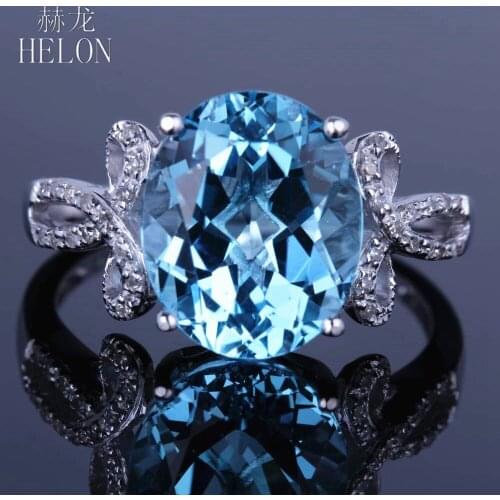 HELON Solid 14K White Gold 100% Genuine Swiss Blue Topaz Diamonds Engagement Wedding Gemstone Ring For Women Birthday Best Gift