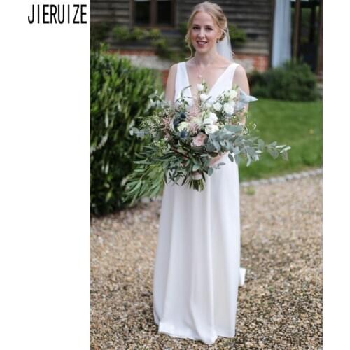 JIERUIZE Simple Wedding Dresses V Neck Backless White Sleeveless Wedding Gowns Beach Bridal Gowns Custom Made Vestidos De Novia