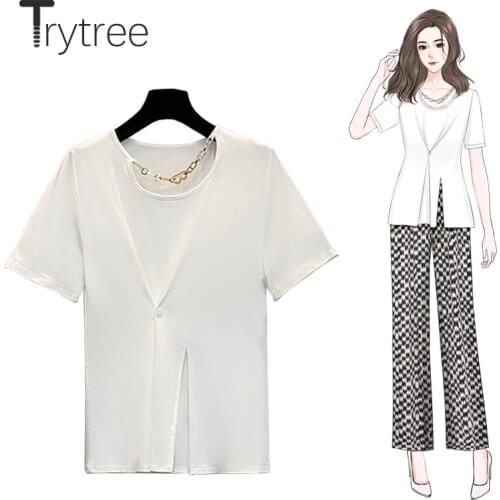Trytree Summer Woman Casual T-shirt Metal Chain O-neck Cotton Blended Solid T-shirt Oversize Split Hem Button Tops For Women
