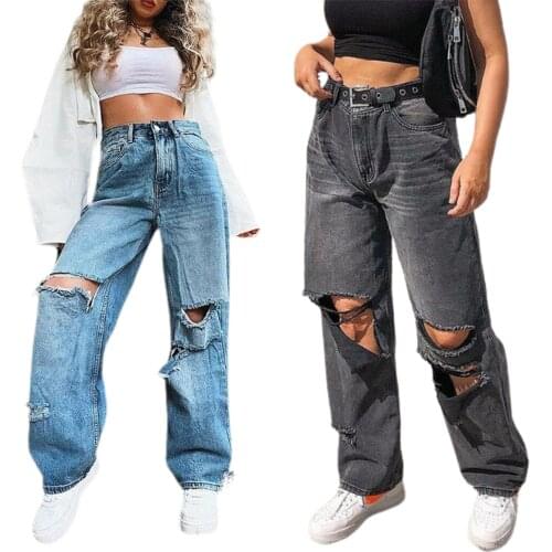 2021 New Women’s Korean Wide Leg Jeans Fashion Solid Color Irregular Ripped High-waist Denim Pants All-match