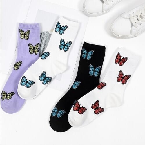 New Butterfly Socks Women Streetwear Harajuku Crew Kawaii Stripe Fashion Ankle Funny Cotton Embroidered Expression