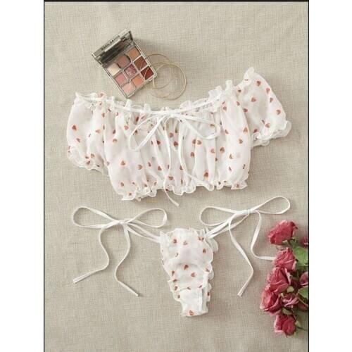 Sexy Women Underwear Sets Dot Mesh Lace Wireless Bra Sexy Bandage Lingerie Thong Suit Black White 2021