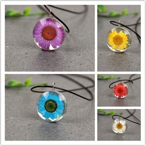 Sunflower Dried Flower Specimen Glass Cabochon Leather Rope Chain Pendant Necklace Jewelry For Women Kids Good Luck Charm Gift