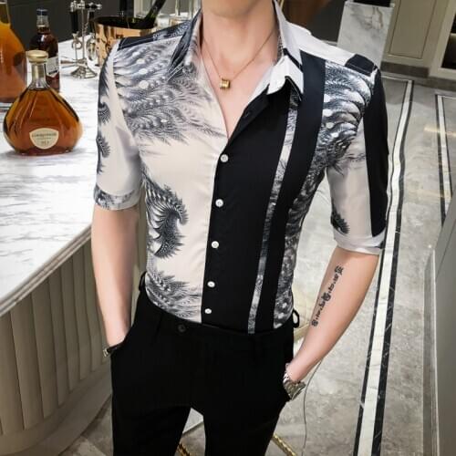 High Quality Luxury Print Shirt Men Fashion 2020 Summer Half Sleeve Mens Casual Shirts All Match Club Tuxedo Dress Blouse Homme