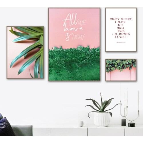 Nordic Plant Quotes Poster Pink Background Plum Blossom Flower Branch Green Leaf Wall Art Pictures Decorative Canvas Painting