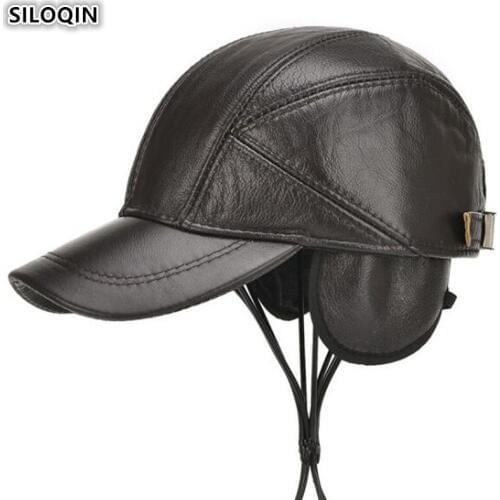 SILOQIN Genuine Leather Cap Mens Warm Baseball Caps Men Fashion Brands Hats Adjustable Size Earmuffs Hat Cowhide Leather Hat