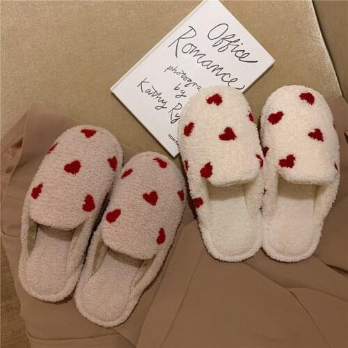 Women Cute Furry Plush Love Pattern Comfortable Slippers Winter Indoor Home Shoes Female Keep Warm Beadroom Cotton Slippers
