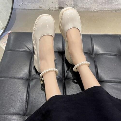 2021 summer new British small leather shoes womens retro high-heeled thick-soled Mary Jane shoes pearl big head single shoes