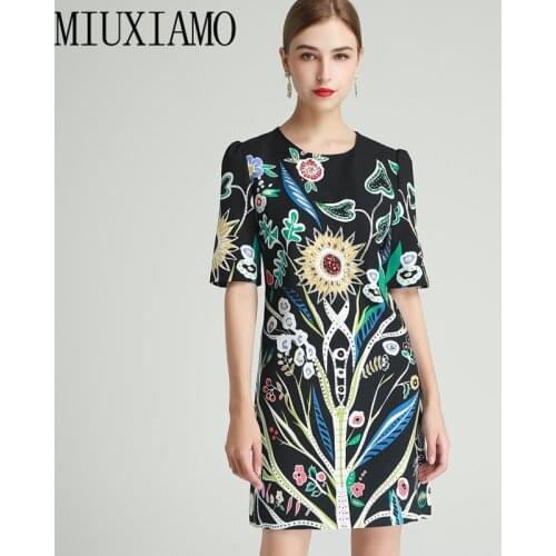 MIUXIMAO 2021 Spring Autumn Elegant Flower Print Diamonds Short Sleeve Fashion Skirt Female Lace Stitching Midi DressVestidos