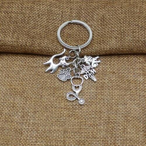 Vintage Veterinary Keychain Stethoscope Keychain Animal Dog Cat Nurse Keychain Animal Jewelry Gift