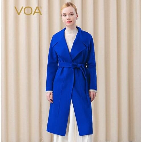 VOA Soft Cashmere Royalblue Womens Winter Coats 2021 S1095 Turn-down Collar Office Lady Adjustable Waist Overcoat Female Coat