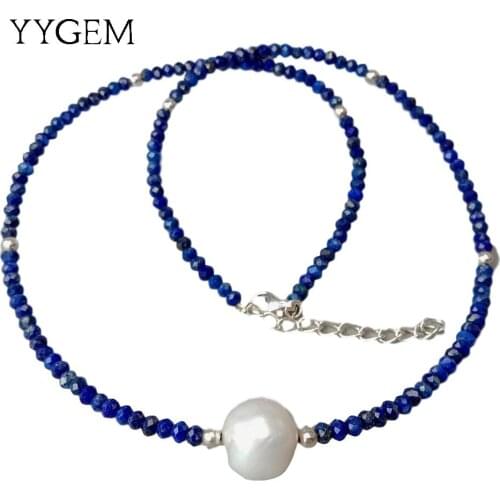 YYGEM Natural Blue Lapis Lazuli Cultured White Pearl Necklace 17