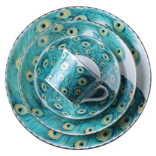 Green ceramic plate, Western food plate, suit, decoration and ornament, 10 inch round color model room, tableware, Peacock Art