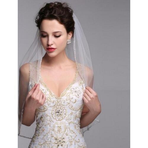 Woman Tulle Edge Beaded Wedding Veils With Comb Simple One Layer White Ivory Short Bridal Accessories 2021