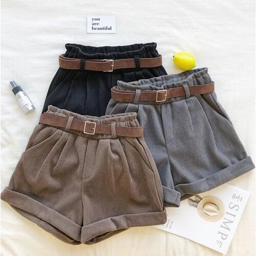 Vintage Corduroy Shorts Women Winter Spring High Waist Wide Leg Shorts with Belt Plus Size Ladies Shorts Femme