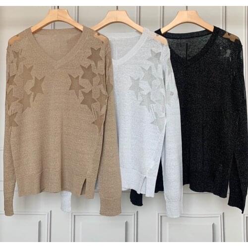 Womens Star Pattern Knit Sweater 100% Linen V-neck Thin Long Sleeve Pullovers