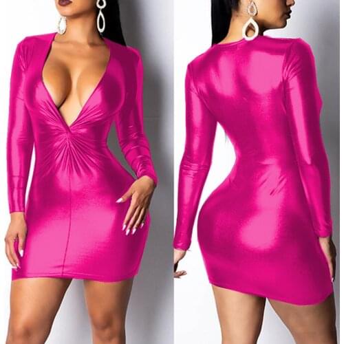 Women Bodycon Dress Sexy V-Neck Long Sleeve Dresses for Women Shiny Metallic Vestido Feminino Long Dresses for Women Party