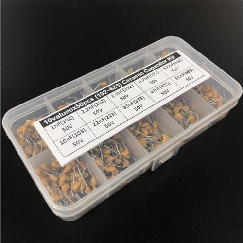 500pcs 10Valuesx50 1nF~68nF (102~683) Multilayer/Monolithic Ceramic Capacitor Assorted kit with storage box